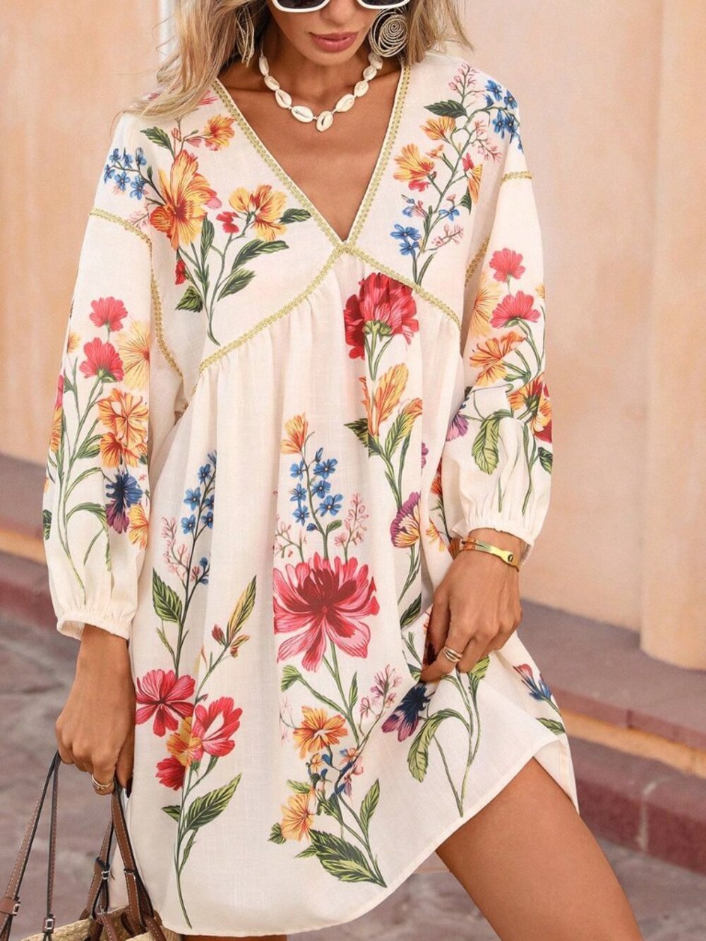 Multicolor Boho Women's V-Neck Dress with Bubble Sleeves and Ribbon Trim - Picture 4 of 6